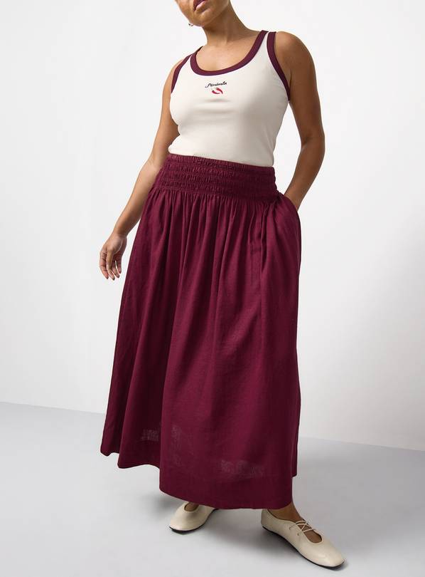 Dark Red Linen Rich Shirred Waist Midaxi Skirt 6
